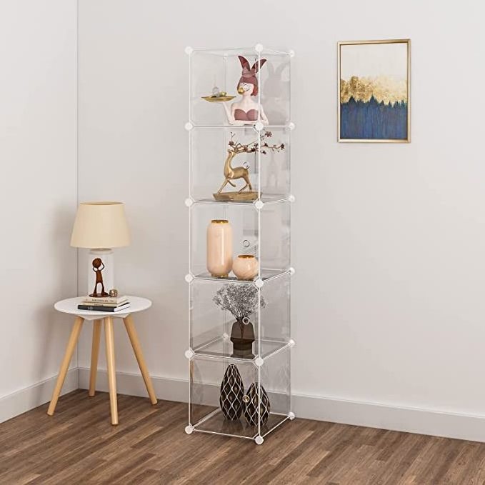 Transparent Storage Organizer 5 Cube Narrow Cabinet Closet Shelves Plastic Storage Shelving For Bedroom Living Room Office