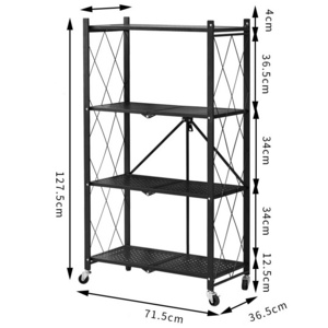 4-Tier Foldable Storage Shelves With Wheels Metal Shelf Organizer Collapsible Wire Shelving For Kitchen Living Room Bathroom