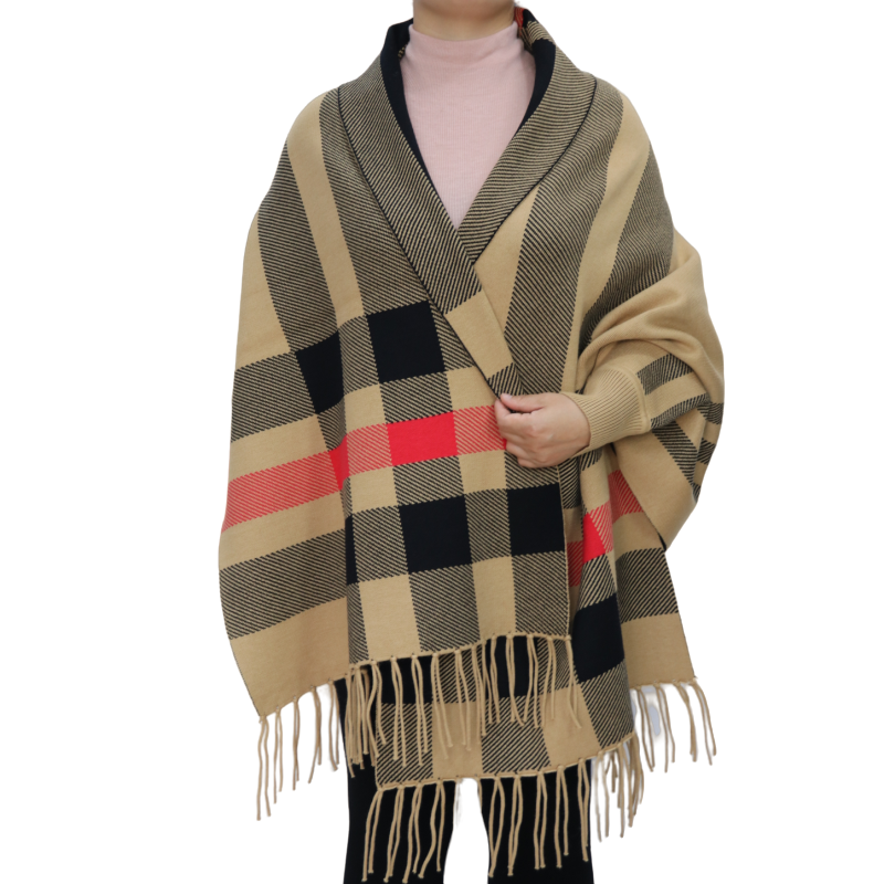 autumn plaid pattern warm knitted poncho women shrug knit coat long  sweater batwing sleeve  for winter