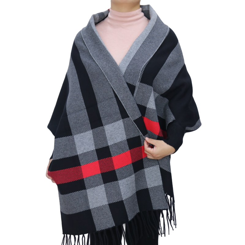 autumn plaid pattern warm knitted poncho women shrug knit coat long  sweater batwing sleeve  for winter