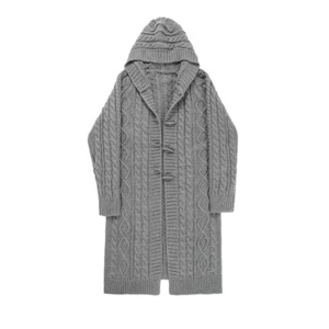 men's sweater cable knit button drawstring long cardigan jacket hooded  long sleeve  slim fit  for winter