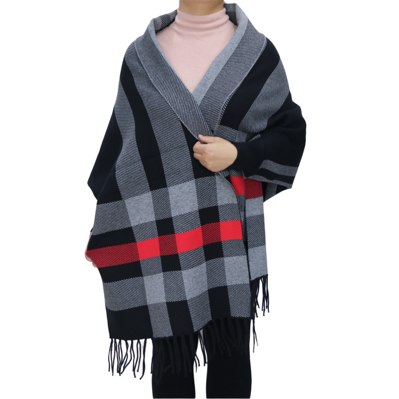 autumn plaid pattern warm knitted poncho women shrug knit coat long  sweater batwing sleeve  for winter