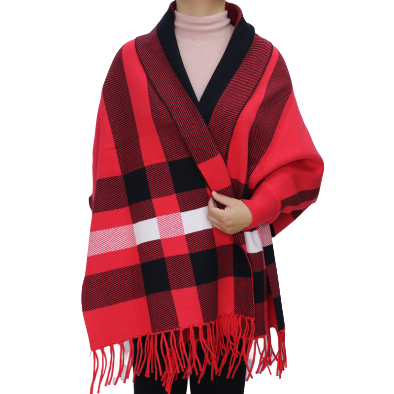 autumn plaid pattern warm knitted poncho women shrug knit coat long  sweater batwing sleeve  for winter