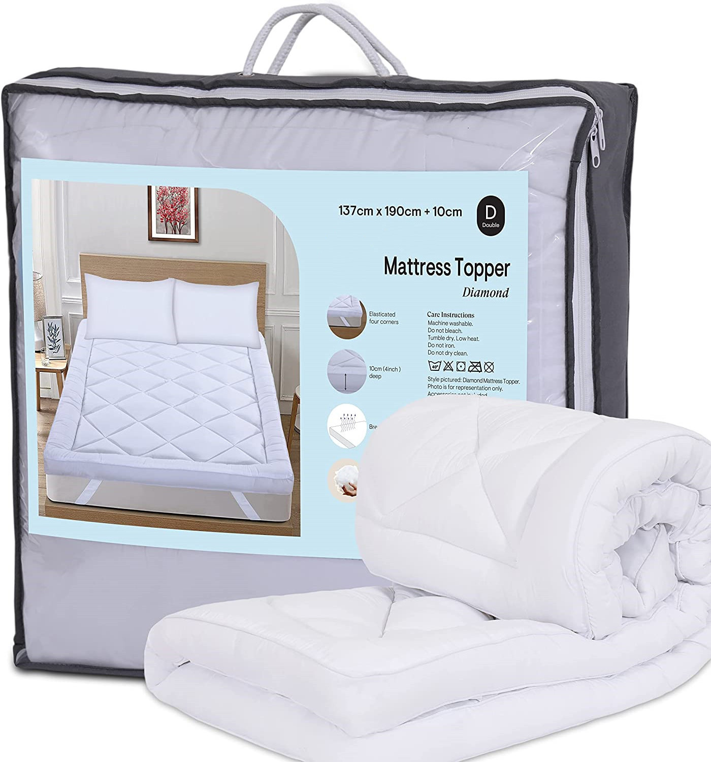 Warmtex Mattress Topper Double Bed, 10cm Thick, White Super Soft 100% Polyester Microfiber Fluffy&Comfy Breathable