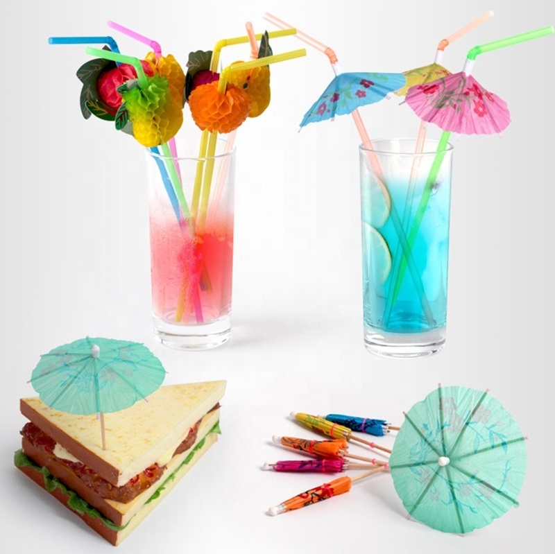 Straw Umbrella Cocktail Disposable Straws with Umbrella Luau Party Decorations Bendable Hawaiian Cocktail Straws with Umbrella