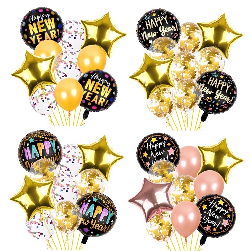 New Years Balloons Theme Foil Party Balloon Set Latex Metallic Gold Confetti Balloons Set For Happy New Year Home Party Decor