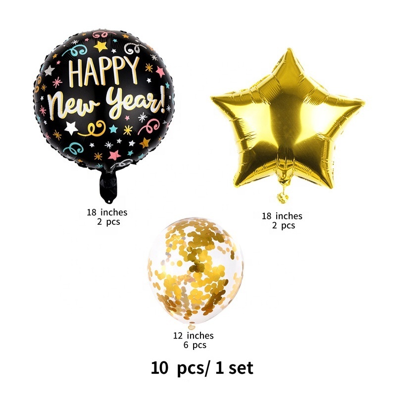 New Years Balloons Theme Foil Party Balloon Set Latex Metallic Gold Confetti Balloons Set For Happy New Year Home Party Decor