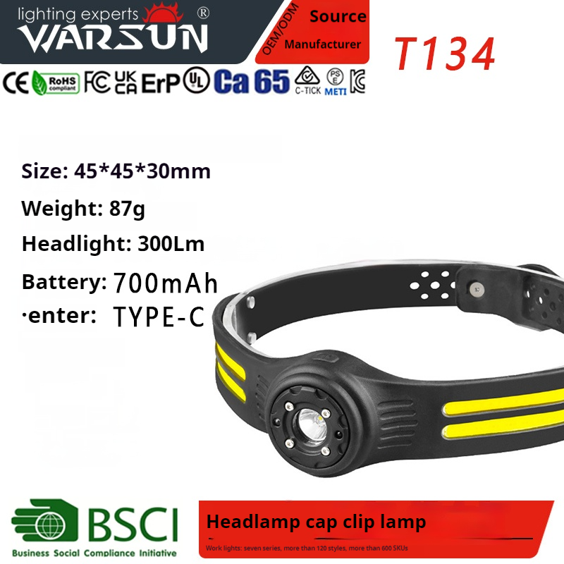 WARSUN Outdoor T134  800Lm IPX5 XPE COB Polymer Lithium Recharging Headlamp Headlight Bright Headlamp for Hunting