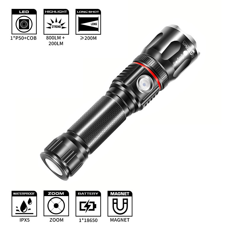 WARSUN 800Lm Camping Multifunctional Aluminium Zoomable LED COB Rechargeable USB Flashlight with Bottom Magnet