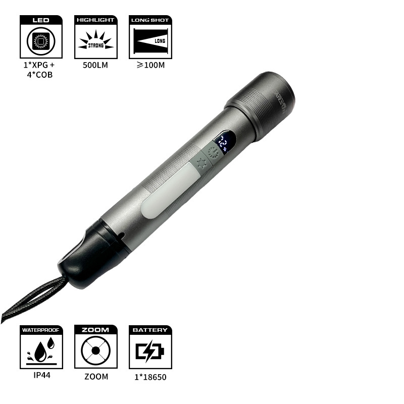 Warsun Zoomable Multifunctional COB high lumen 500Lm waterproof Digital display Portable Rechargeable Flashlight IP45 WS900