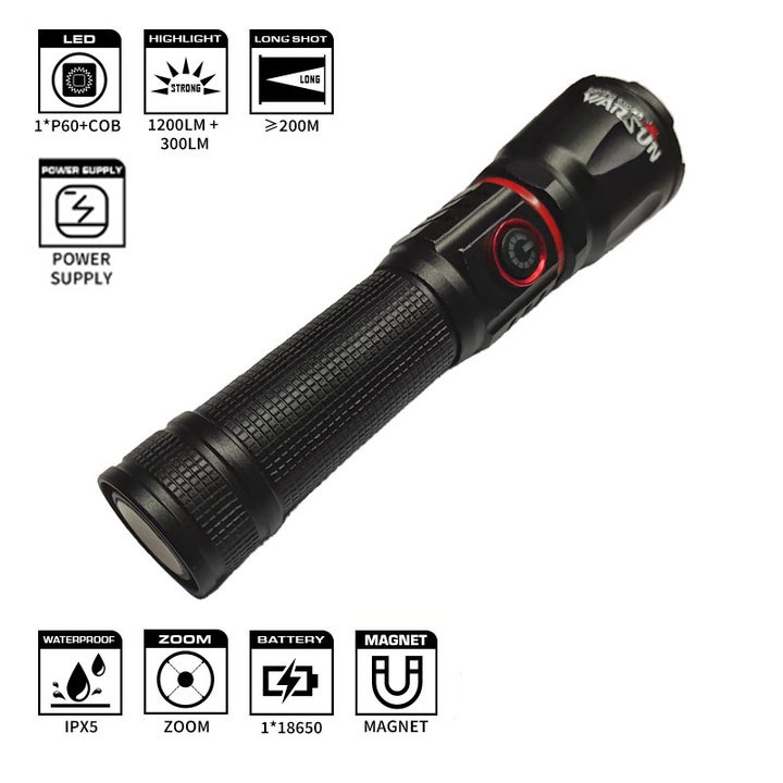 WARSUN 529 Outdoor 2000 lumens strong light COB multi-function aluminum signal zoom torch Magnet Led Power Bank Flashlights