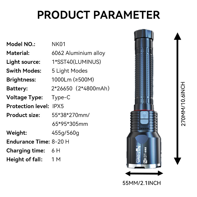 Warsun NK01 Power Bank Aluminium Flashlight Rechargeable 5000 lumens Long-lasting Hunting Strong Light Zoom  Torch