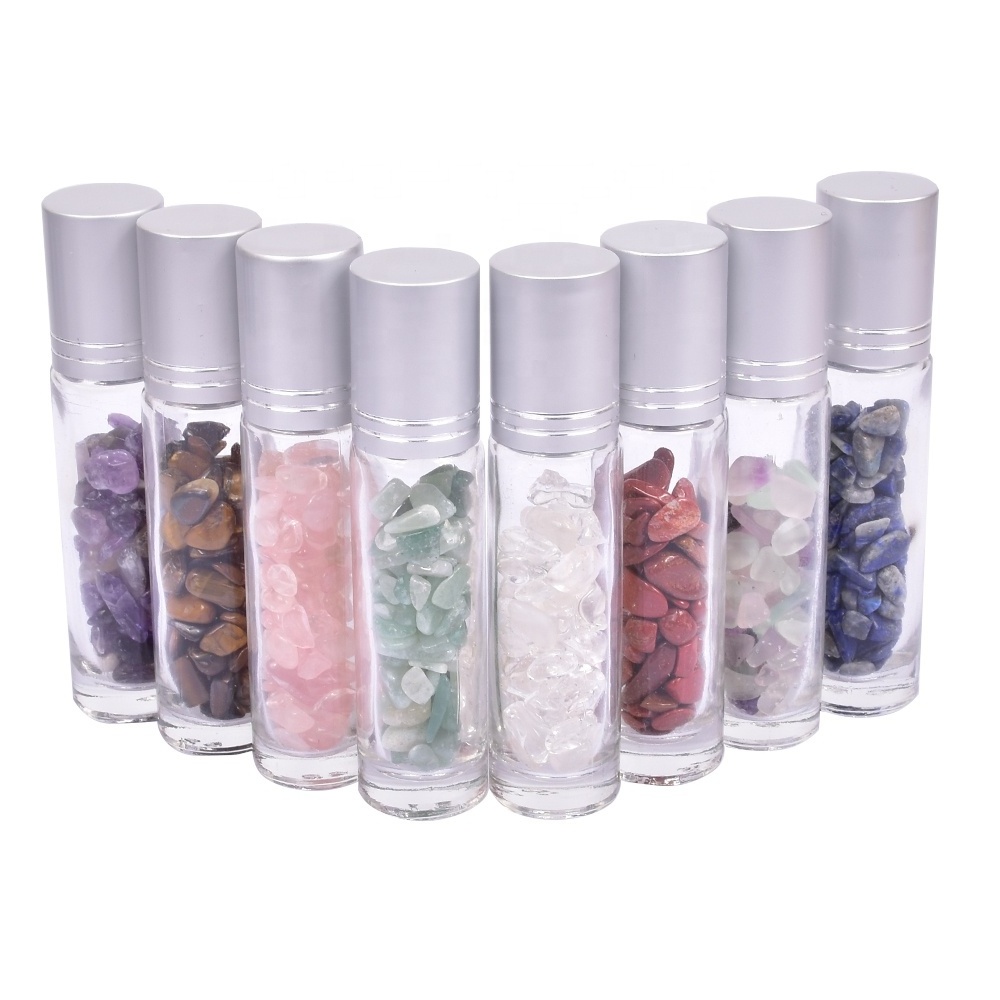 Natural Rose Quartz Essential Oil Roller Ball Bottles 10ml Crystal Gravel Perfume Bottle Quartz Cup Shape with Love Theme Model