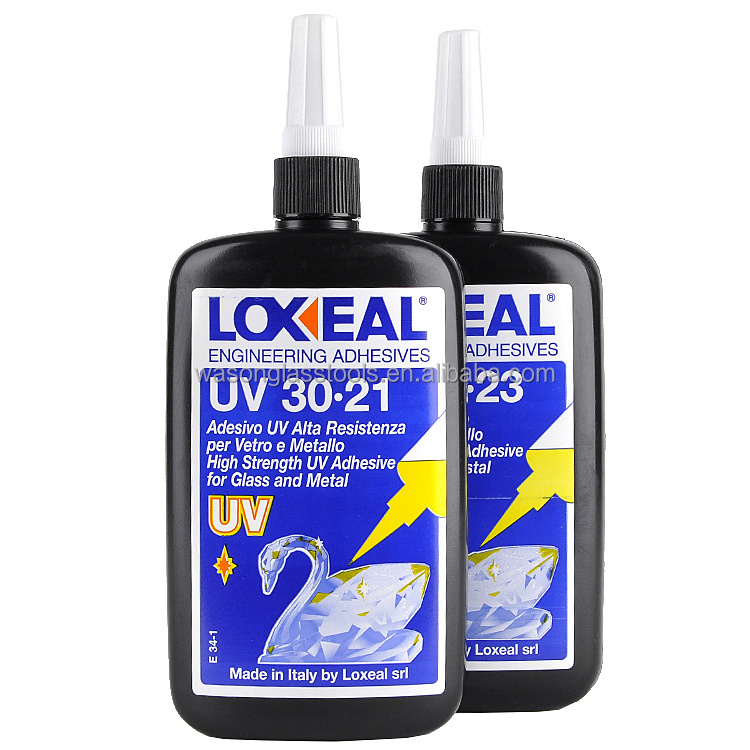 Loxeal 30.23 UV adhesive glue for bonding float glass to glass in glass and crystal furniture manufacturing.