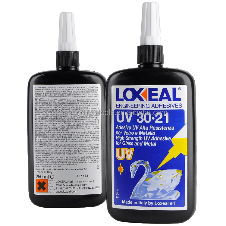 Loxeal 30.23 UV adhesive glue for bonding float glass to glass in glass and crystal furniture manufacturing.