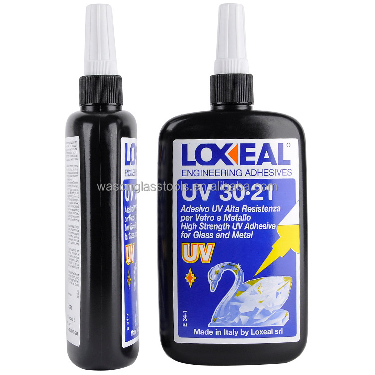 Loxeal 30.23 UV adhesive glue for bonding float glass to glass in glass and crystal furniture manufacturing.