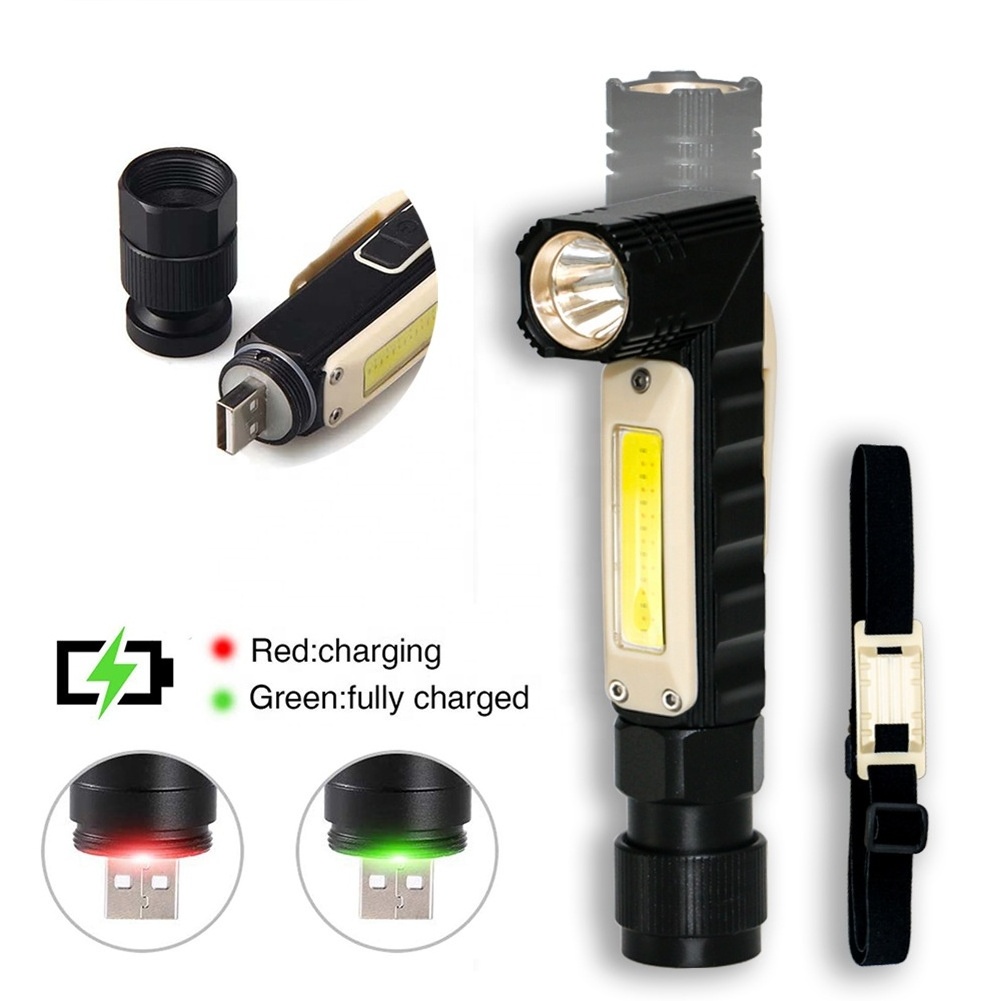 Hot Sale L-Shape USB Rechargeable Adjustable Head Angle Flashlight Multifunctional XPG&COB Headlamp Torch With  Magnetic Base