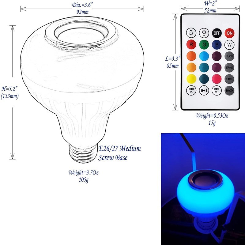 Wason 24 Keys Remote Control Color Changing For IOS & Android LED Music Light Bulb With Built-in Speaker E26/27 Base