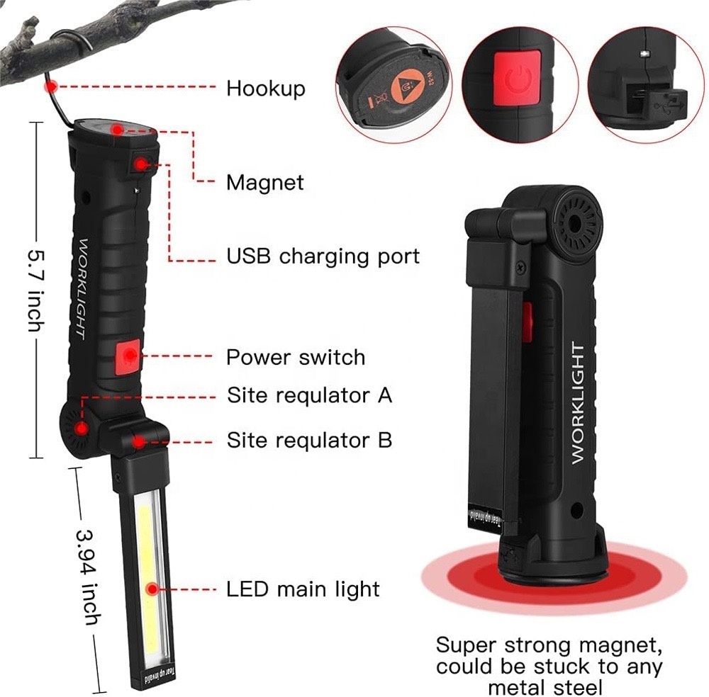 Factory Ready To Ship High Quality Wholesale USB Chargeable 360 Free Rotation Magnetic COB Working Light With Top Torch Light