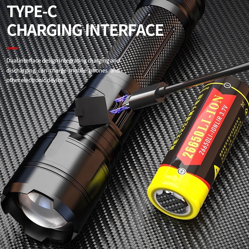 2022 Super Bright Wide Beam Zoom TYPE-C Rechargeable Led Flashlight Torch Power Bank Aluminum Sturdy Torch Light 1000 Lumens