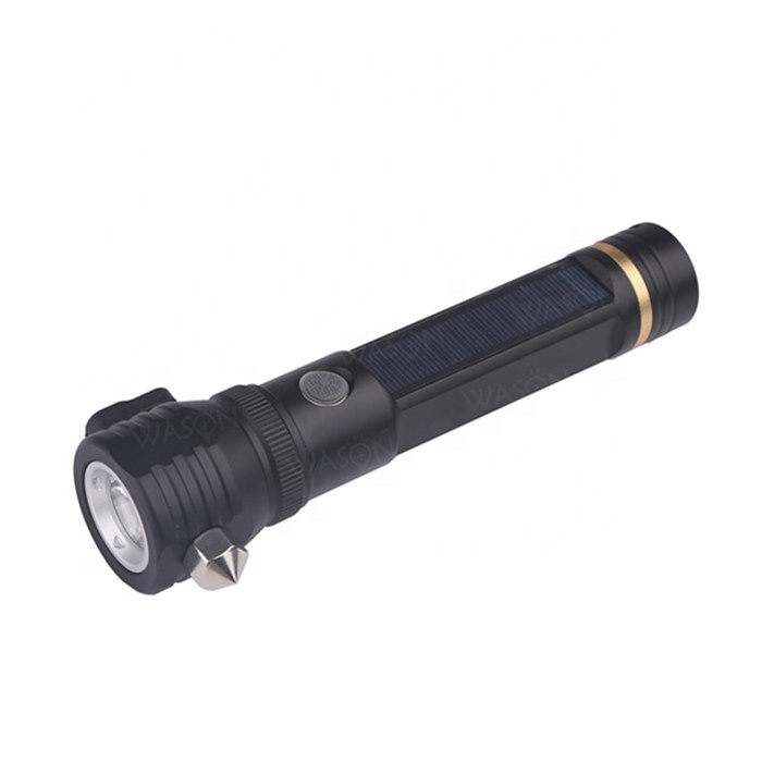 Factory OEM/ODM Multifunction Outdoor Survival Rescue Emergency Solar Rechargeable Flashlight With Knife Hammer And Compass