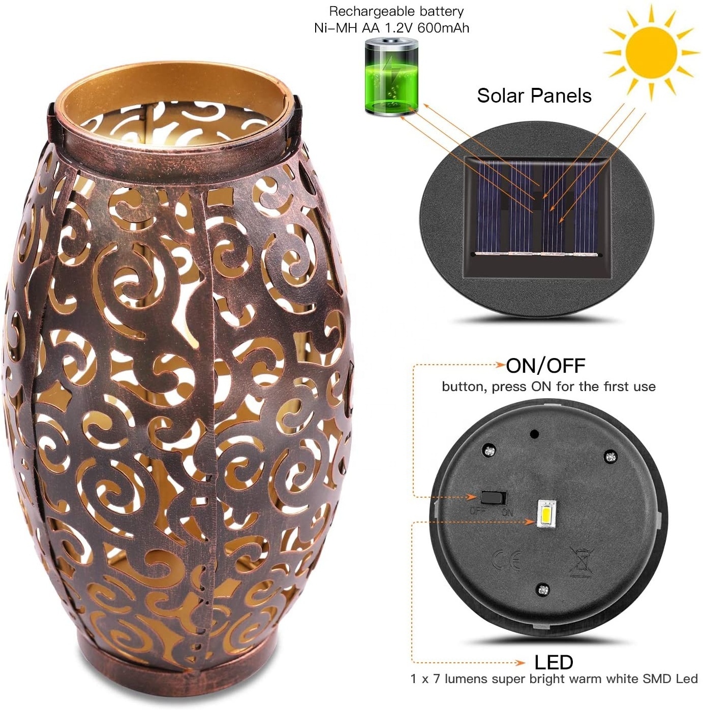 Retro Metal Waterproof Patio Yard Pathway Decorative LED Table Solar Light Outdoor Hanging Garden Solar Lantern With Handle