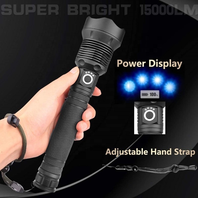 2000 Lumens USB Rechargeable Hunting Waterproof XHP70  Zoomable High Light Beam Led Torch Flashlight With Power Status Display