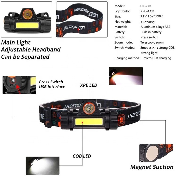 Good Price Magnetic USB Rechargeable Led Headlamp Removeable With XPE Spotlight COB Floodlight 18650 Battery Powered