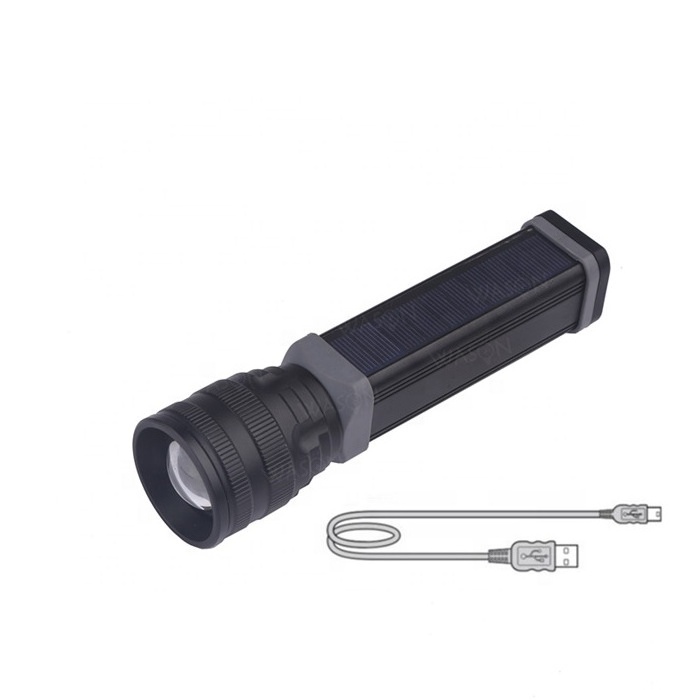 2019 New special 10W long distance solar powered USB rechargeable flat led flashlight with power bank for mobile phone charging