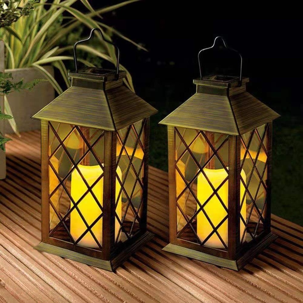 Solar Retro Metal Garden Candle Lantern Rechargeable Outdoor Countryside Style Flickering Flame Table Candle Lights For Party