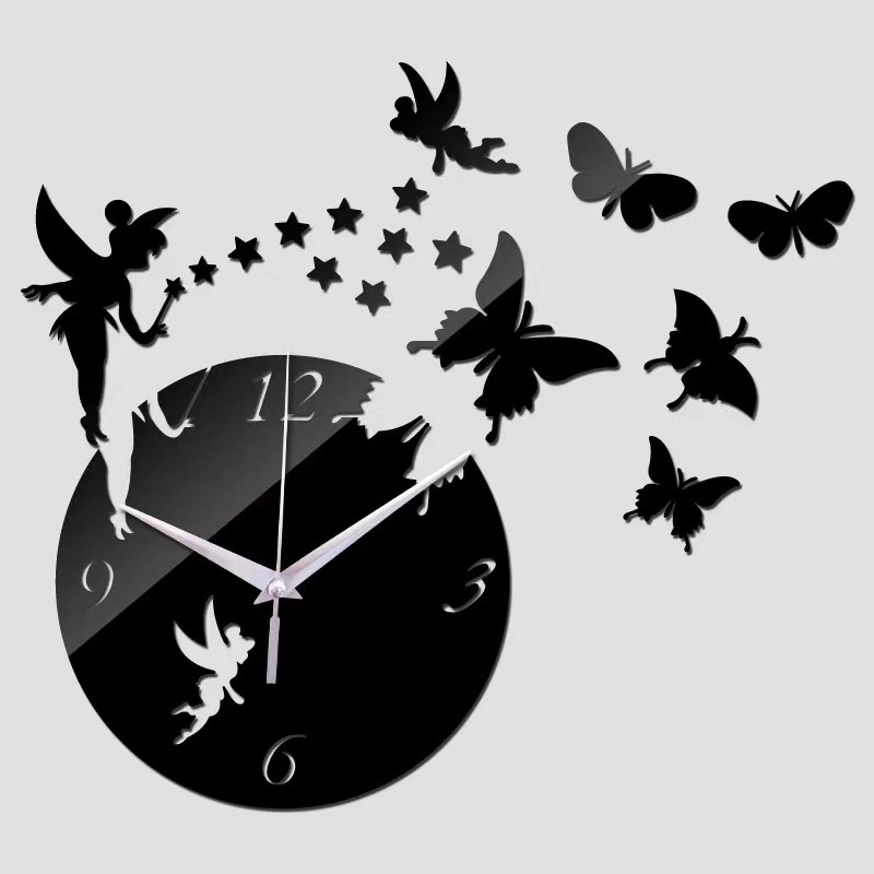 butterfly girl and star 3D acrylic stereoscopic living room decoration mirror wall clock