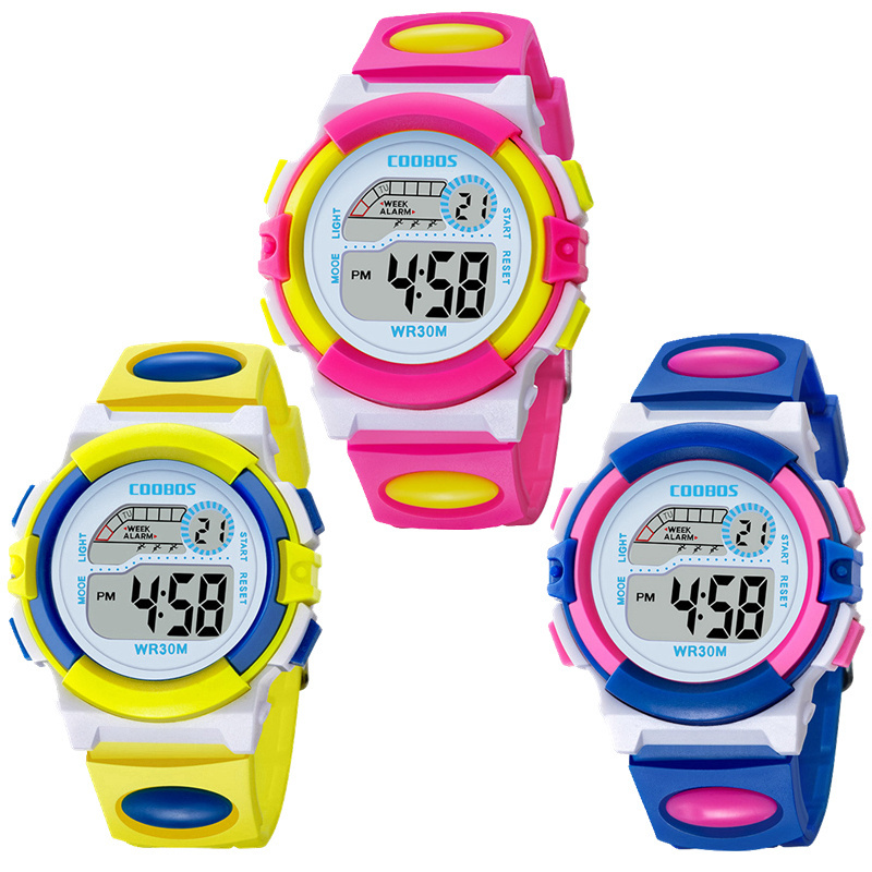 Colorful design fashion girls boys sport led digital watch COOBOS electronic Multifunction children gift party Kids watches