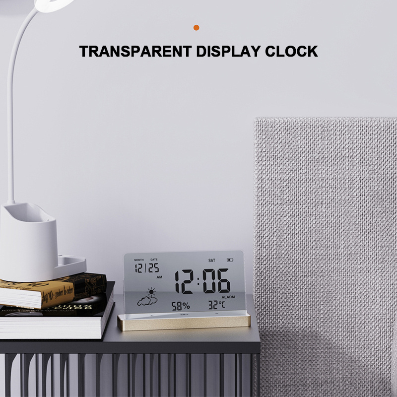 Transparent Digital Clock Temperature Humidity Date Week 3-Alarms Electronic Alarm Clock Living Room Home Decor Desktop Clocks