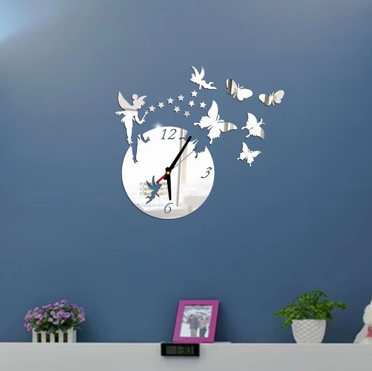 butterfly girl and star 3D acrylic stereoscopic living room decoration mirror wall clock