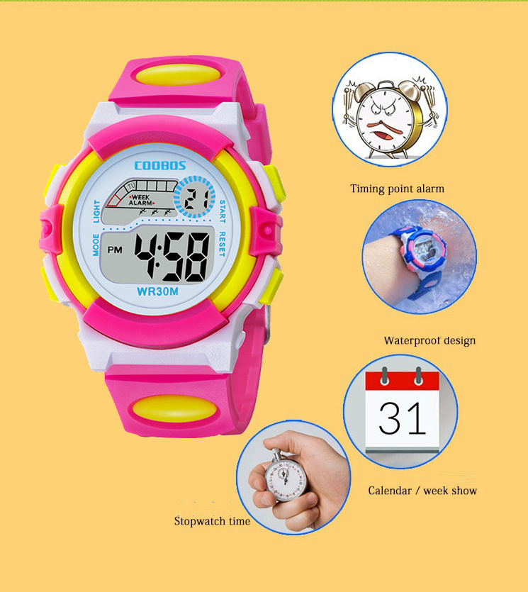 Colorful design fashion girls boys sport led digital watch COOBOS electronic Multifunction children gift party Kids watches