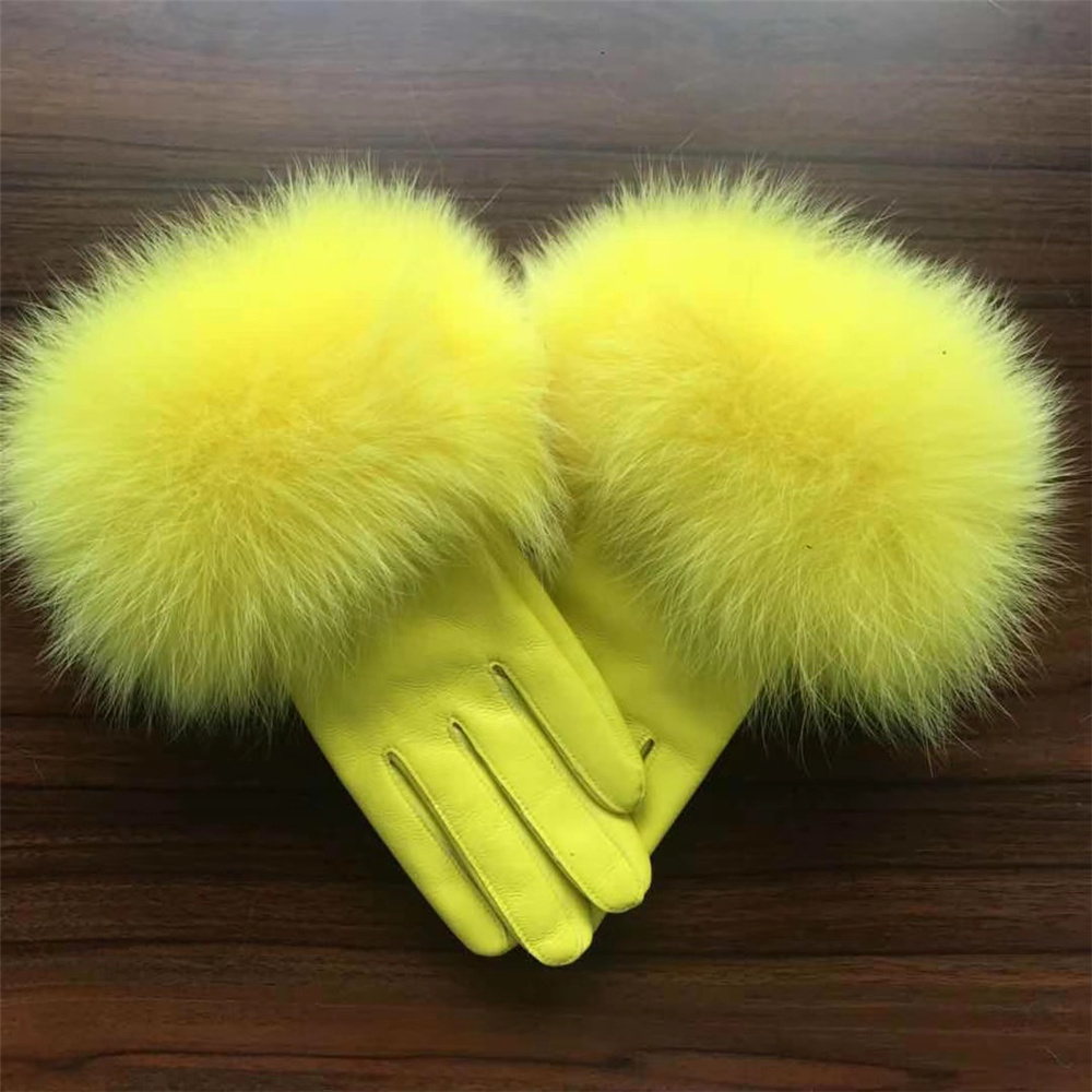 Wholesale Winter Windproof Genuine Sheep Skin Ladies Leather Gloves Outdoor Driving Fashion Design Women Real Fox Fur Gloves