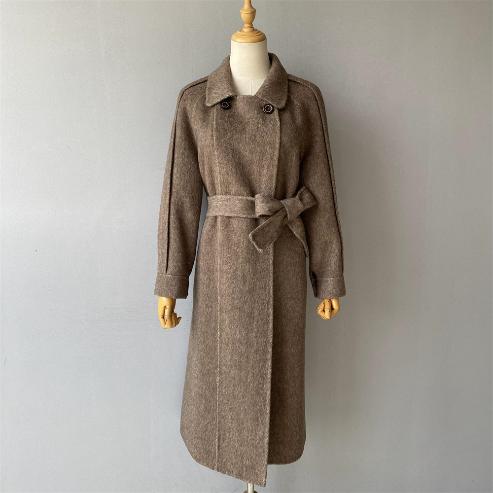 Slim Fall Cashmere Blend Trench Coat Belt Clothes Pocket Elegant Winter Long Style Adult Soft Custom Women Alpaca Wool Coat