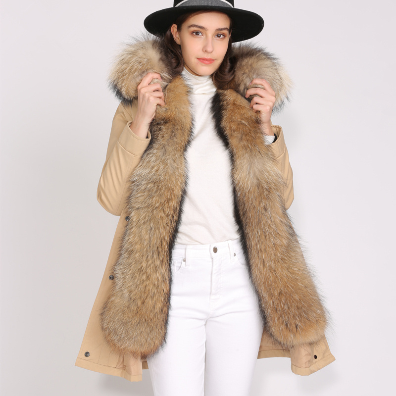 2019 Stock Custom Real Rabbit Fur Lined Parka / Wholesale Women Big Raccoon Fur Hooded Winter Fur Parka