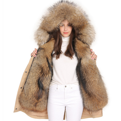 2019 Stock Custom Real Rabbit Fur Lined Parka / Wholesale Women Big Raccoon Fur Hooded Winter Fur Parka