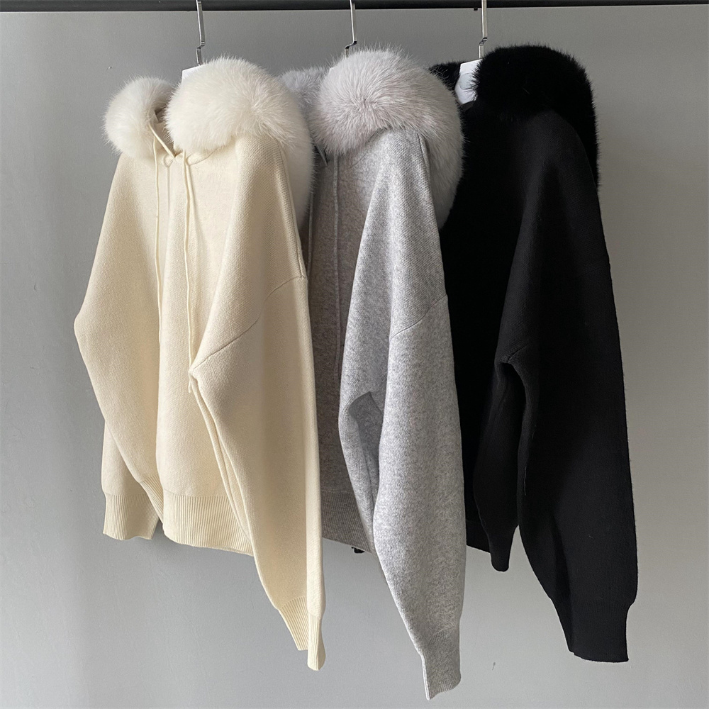 Autumn Winter Knit Coat Pullover Hooded Faux Fur Collar Luxury Two Pieces Set Loose Custom Soft Women Wool Sweater and Pants Set