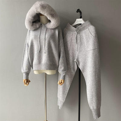 Autumn Winter Knit Coat Pullover Hooded Faux Fur Collar Luxury Two Pieces Set Loose Custom Soft Women Wool Sweater and Pants Set