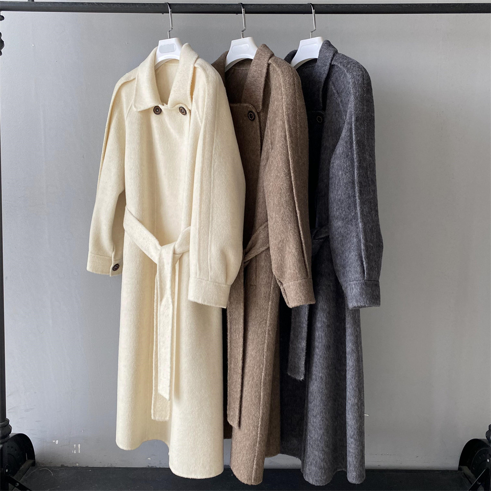 Slim Fall Cashmere Blend Trench Coat Belt Clothes Pocket Elegant Winter Long Style Adult Soft Custom Women Alpaca Wool Coat