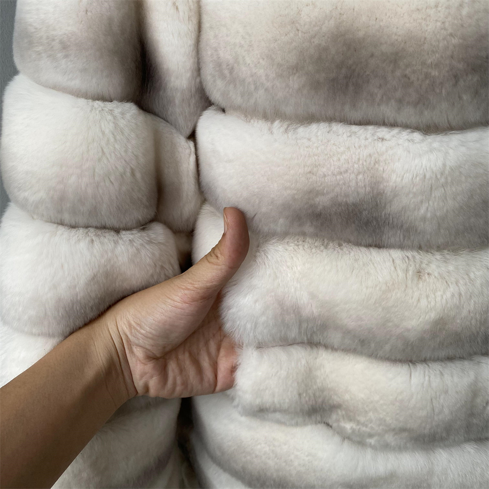 Wholesale Turn Down Collar Long Sleeves Chinchilla Rex Rabbit Fur Long Coat Thick Warm Luxury Winter Women Real Rabbit Fur Coat