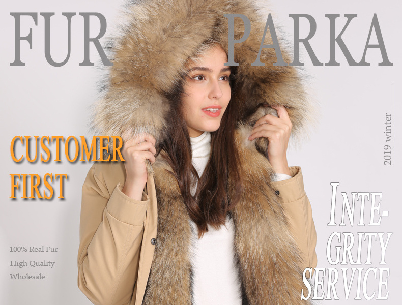 2019 Stock Custom Real Rabbit Fur Lined Parka / Wholesale Women Big Raccoon Fur Hooded Winter Fur Parka