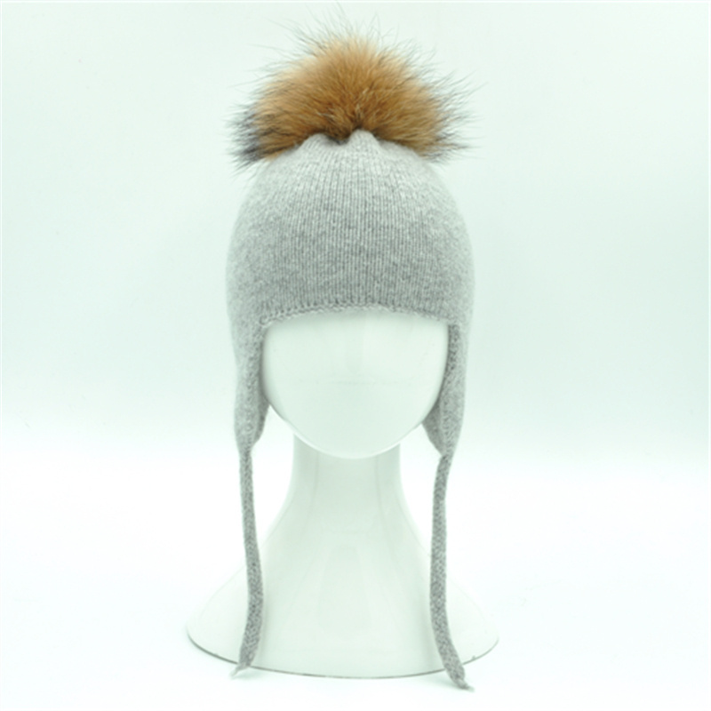 New Arrival Baby Knitted Beanie  Real Raccoon Fur Pompom Boy Girl Wool Crochet Baby Ear Flap Winter Hat