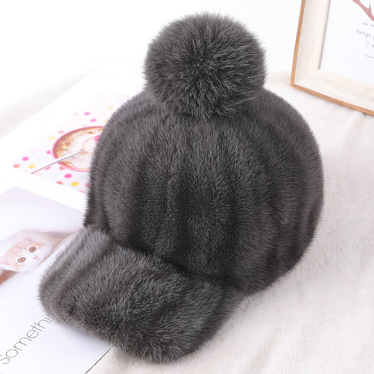 New Natural Fashion Women Mink Fur Cap Hat Customize Big Fox Fur Pom Hat Women Winter Warm Mink Fur Hat With Ball