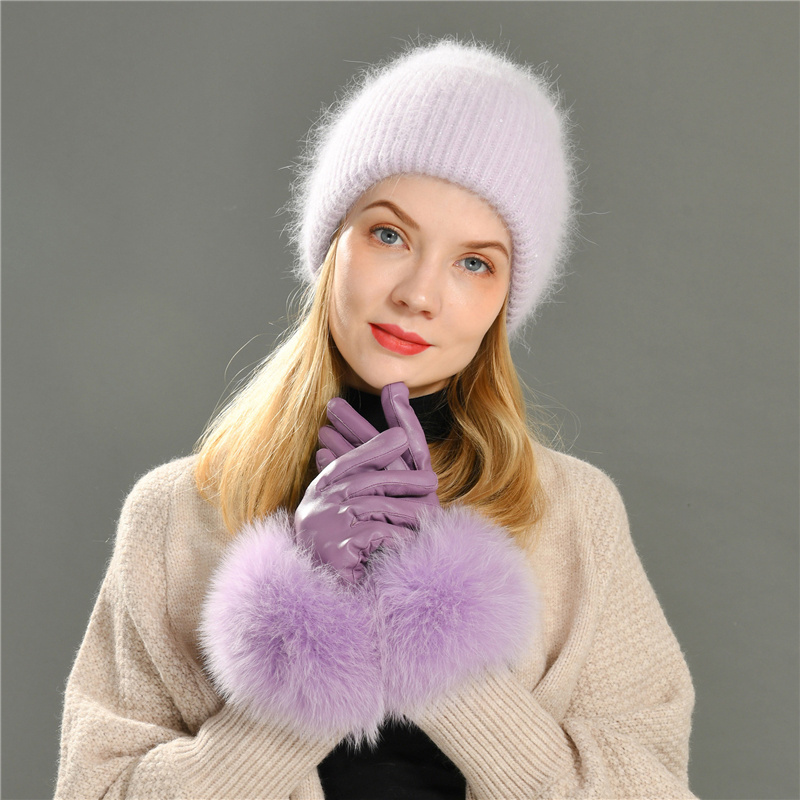 Wholesale Winter Windproof Genuine Sheep Skin Ladies Leather Gloves Outdoor Driving Fashion Design Women Real Fox Fur Gloves