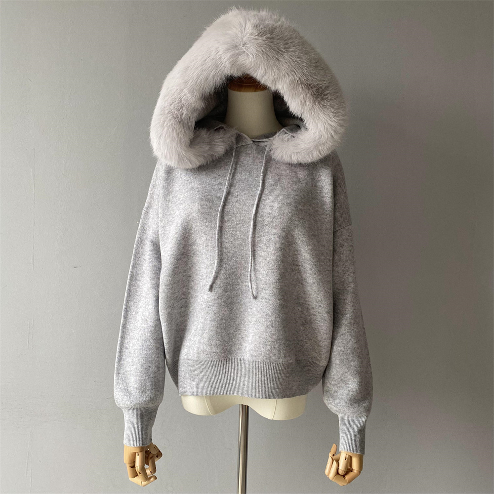 Autumn Winter Knit Coat Pullover Hooded Faux Fur Collar Luxury Two Pieces Set Loose Custom Soft Women Wool Sweater and Pants Set