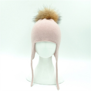 New Arrival Baby Knitted Beanie  Real Raccoon Fur Pompom Boy Girl Wool Crochet Baby Ear Flap Winter Hat