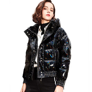 Fashion Winter Super Cool Black High Shine Vinyl Material Puffer Jacket Women Windbreaker Bomber Down Coat